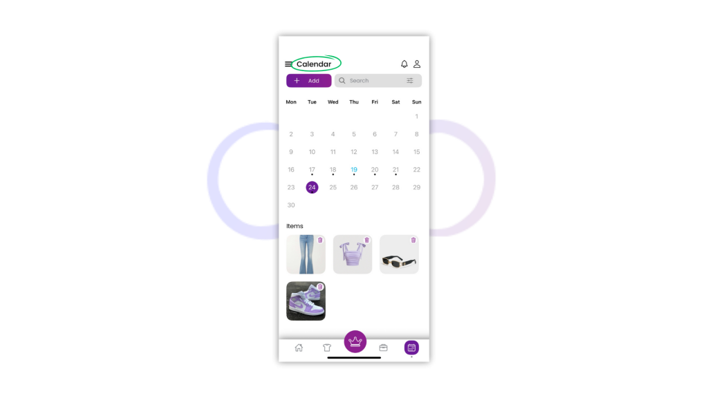 Style calendar view from a digital wardrobe app showing planned outfits.