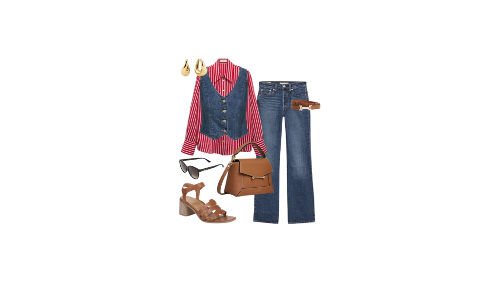 Red striped shirt styled with a denim vest, blue jeans, and brown accessories.