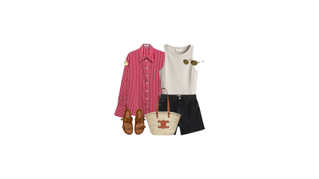 Red striped shirt with cream tank, black shorts, sandals, and a straw tote bag.