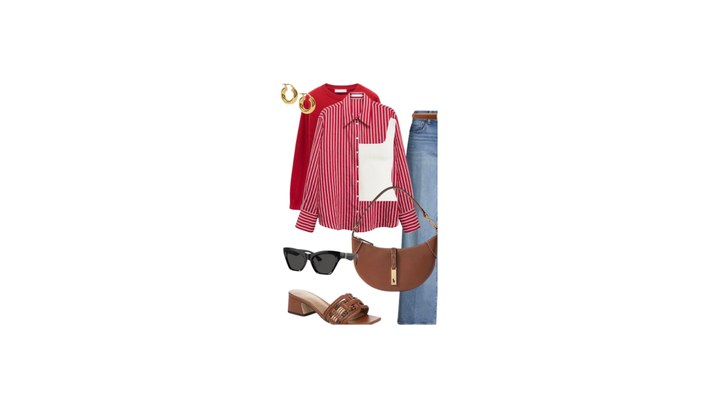 Layered red striped shirt with jeans, brown bag, and sandals